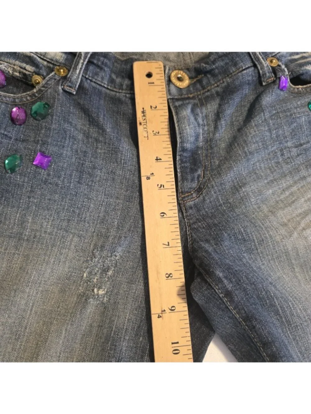 DKNY Jeweled Jeans Blue Distressed Denim Boho Bling Gemstones Juniors Size 9‎